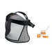 Black mesh face shield with an adjustable head strap, shown alongside orange earplugs and a small STIHL-branded storage case on a white background.
