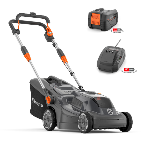 Husqvarna Aspire LC34-P4A Battery Lawnmower, featuring a black and orange color scheme, with product badges indicating a 34cm cutting width and 18V power system.