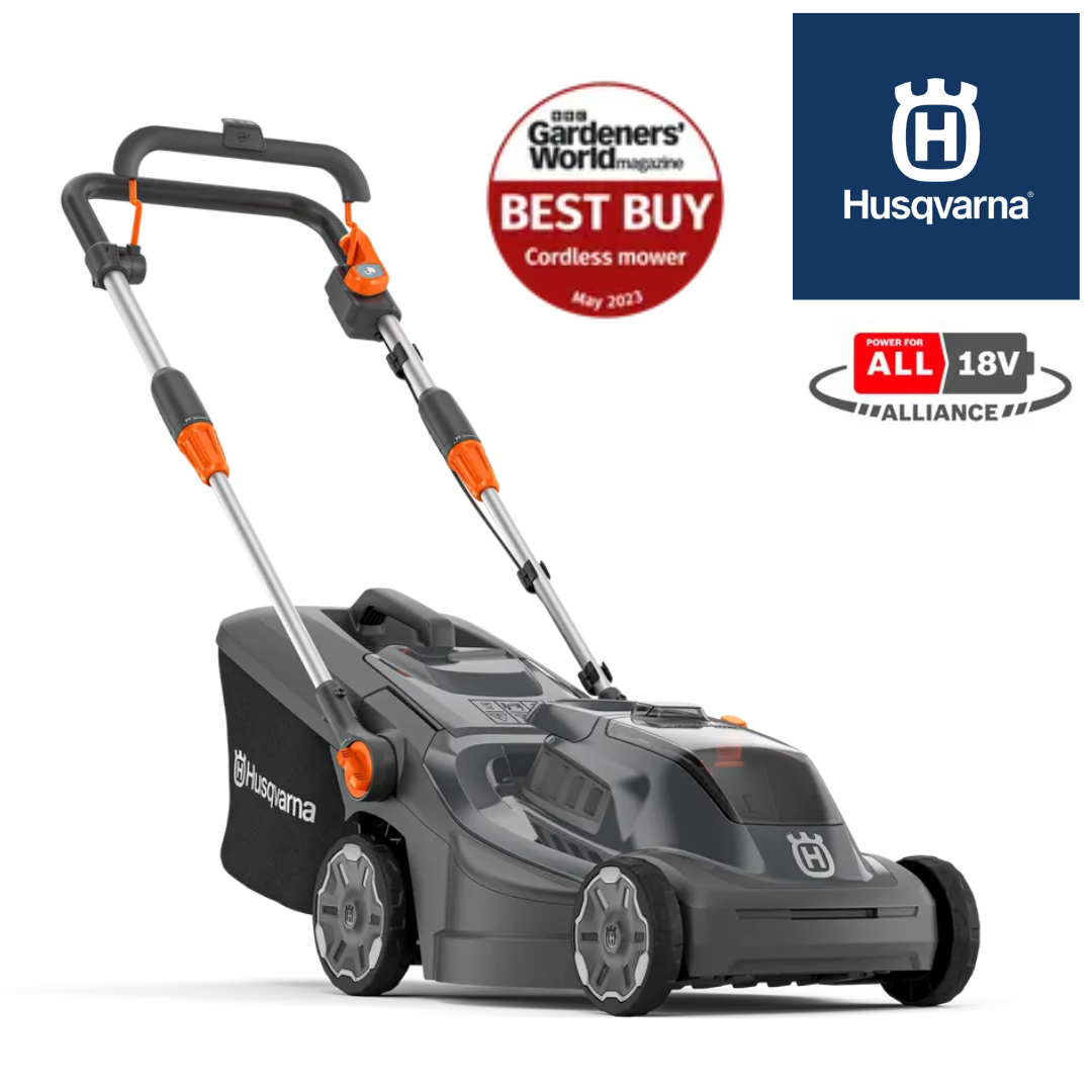 Husqvarna Aspire LC34-P4A Battery Lawnmower, featuring a black and orange color scheme, with product badges indicating a 34cm cutting width and 18V power system.